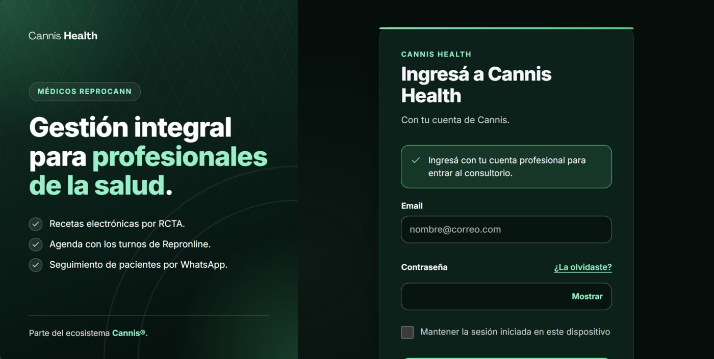 Pantalla de ingreso de Cannis Health: gestión integral para profesionales de la salud